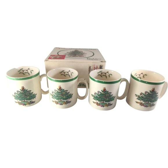 Vintage Spode Christmas Tree Tom & Jerry Mug Set 4 Mugs In Box-One Mug Chipped - Picture 5 of 15